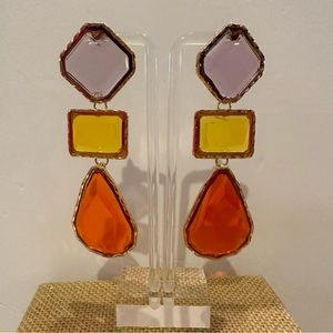 New Crystal Triple Drop Earrings  - big crystals in purple, yellow & dark orange